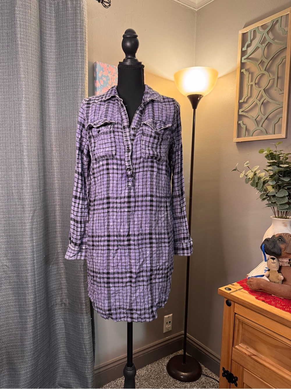 Vintage Lavender and Black Plaid Button-Up Shirt dress